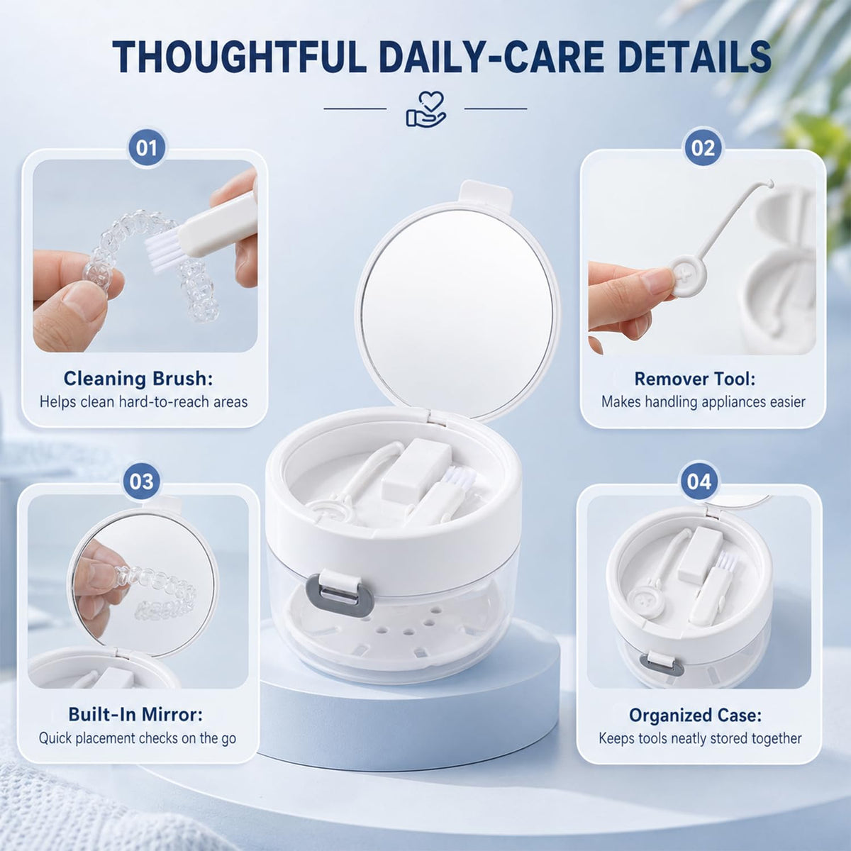 Retainer Cleaner Case Box,Storage Soak Container with Drain Tray for Travel Cleaning with Mirror and Brush