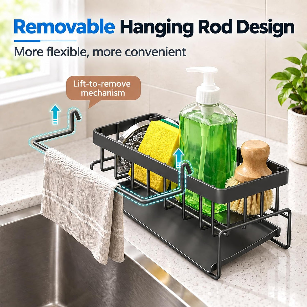 Self-Draining Sink Caddy with Towel Bar