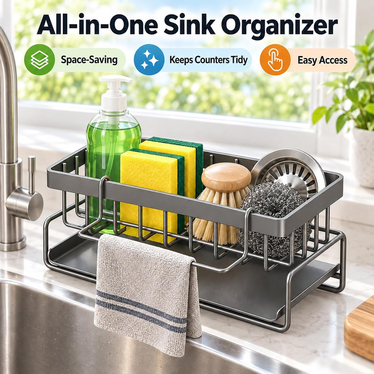 Self-Draining Sink Caddy with Towel Bar