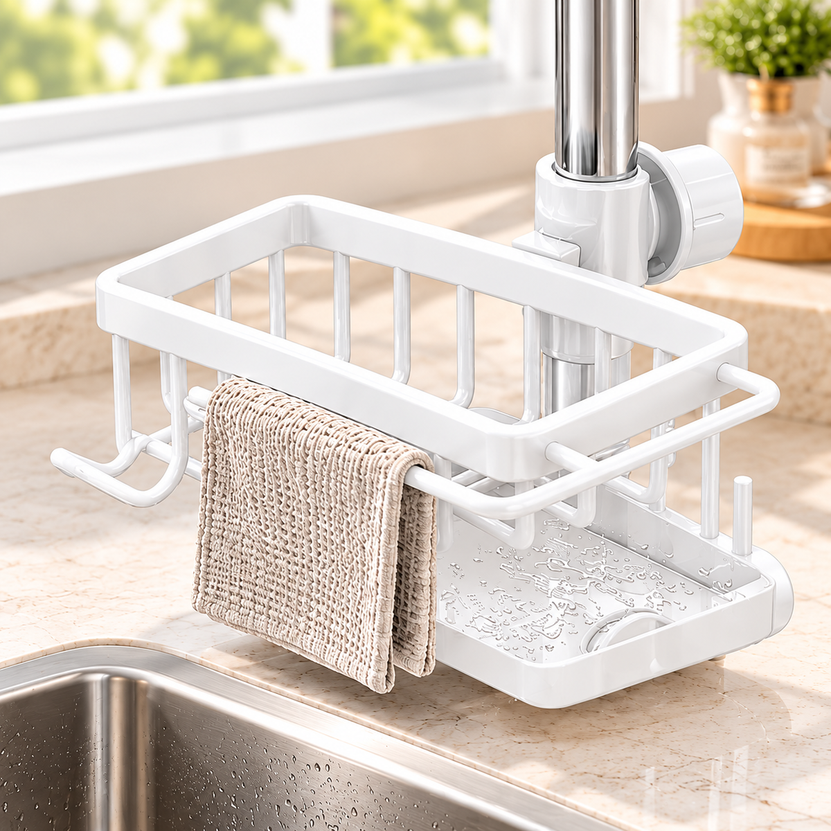 Self-Draining Sink Caddy with Towel Bar